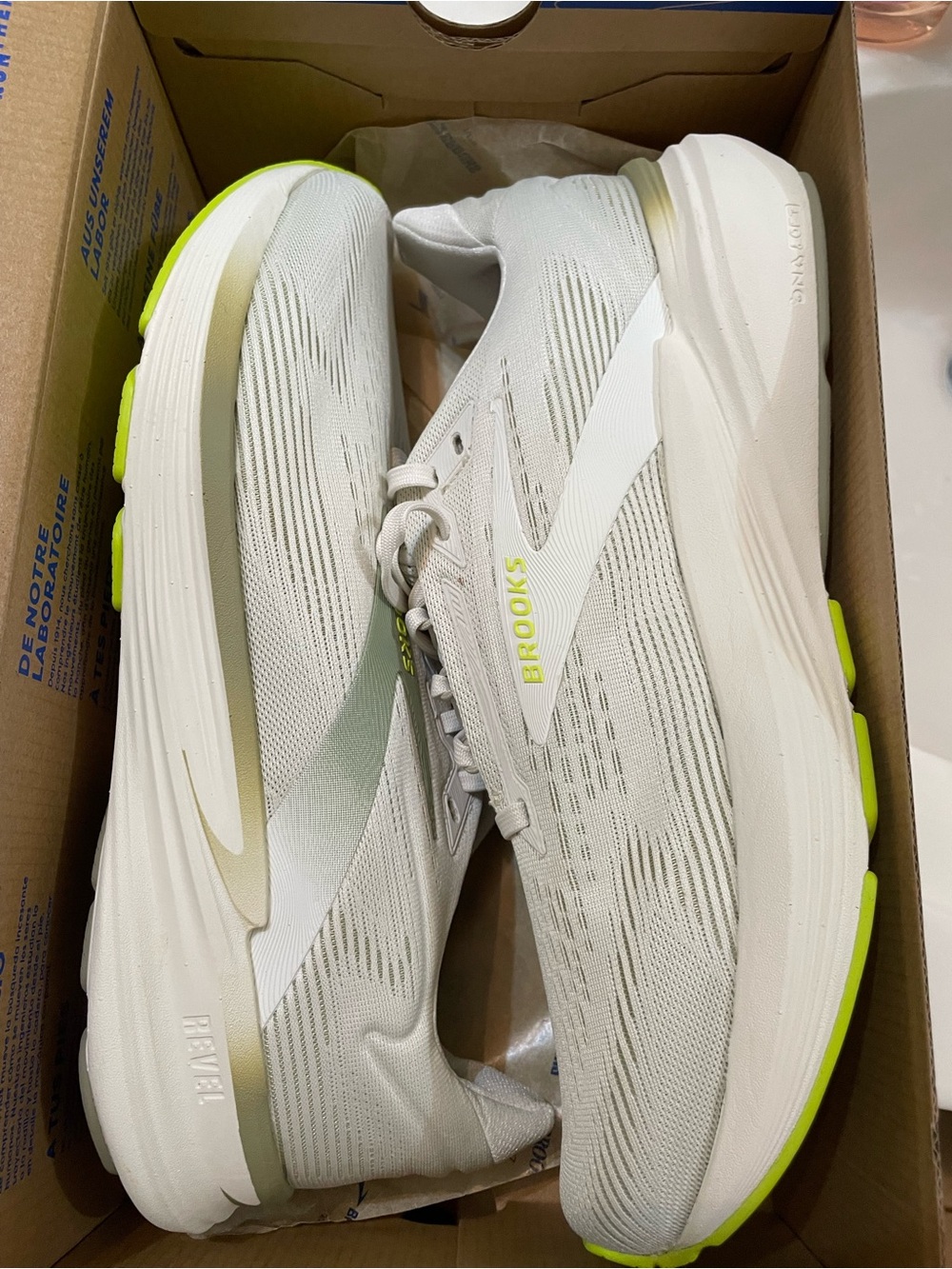 Brooks Men’s off white/ cream and Neon green Athletic Running Shoes